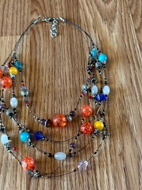 VINTAGE MULTICOLORED MULTIISTRAND GLASS AND CRYSTAL BEADED 17-18" NECKLACE